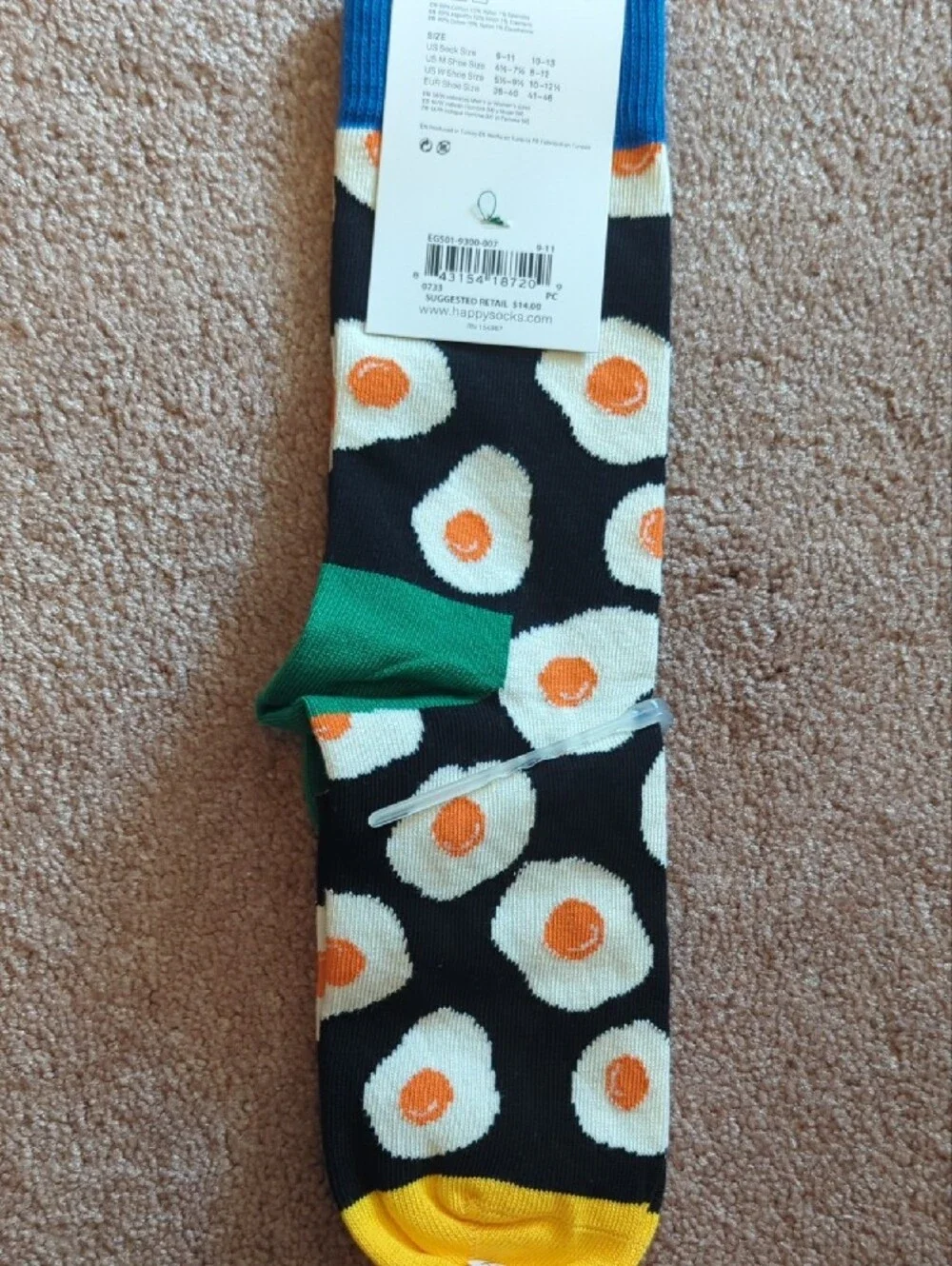 Happy Socks Black Fried Egg Crew Socks with Yellow Toe, Green Heel & Blue Cuff